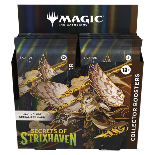 Magic the Gathering Secrets of Strixhaven Collector Booster display box featuring owl mage artwork and gold foil design