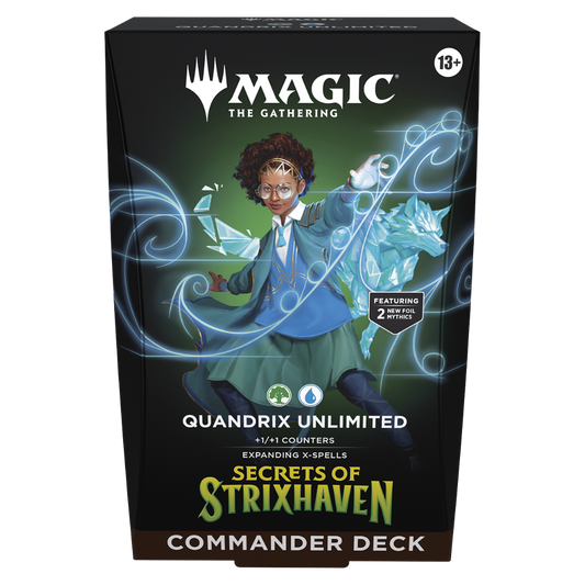 Magic the Gathering Secrets of Strixhaven Quandrix Unlimited Commander Deck box art featuring Quandrix college character artwork