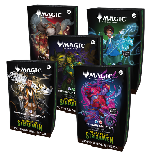 Magic the Gathering Secrets of Strixhaven Commander Deck Set of 5 showing all five college themed deck boxes