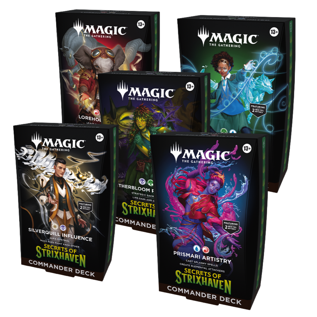 Magic the Gathering Secrets of Strixhaven Commander Deck Set of 5 showing all five college themed deck boxes