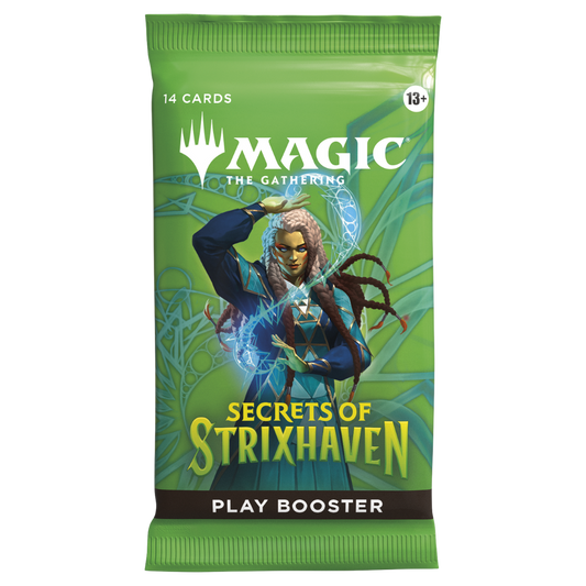 Magic the Gathering Secrets of Strixhaven Play Booster Pack featuring green packaging and Strixhaven spellcaster artwork