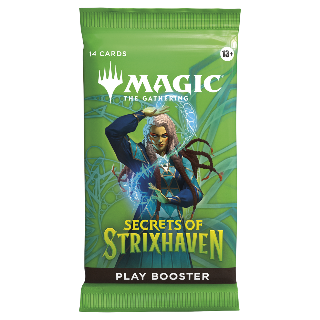 Magic the Gathering Secrets of Strixhaven Play Booster Pack featuring green packaging and Strixhaven spellcaster artwork