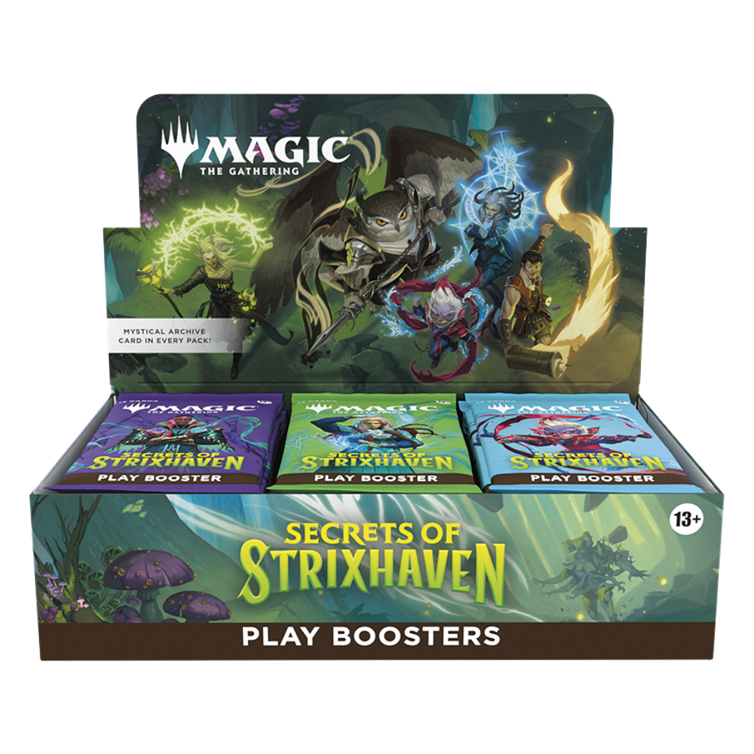 Magic the Gathering Secrets of Strixhaven Play Booster display box featuring Strixhaven artwork and sealed booster packs