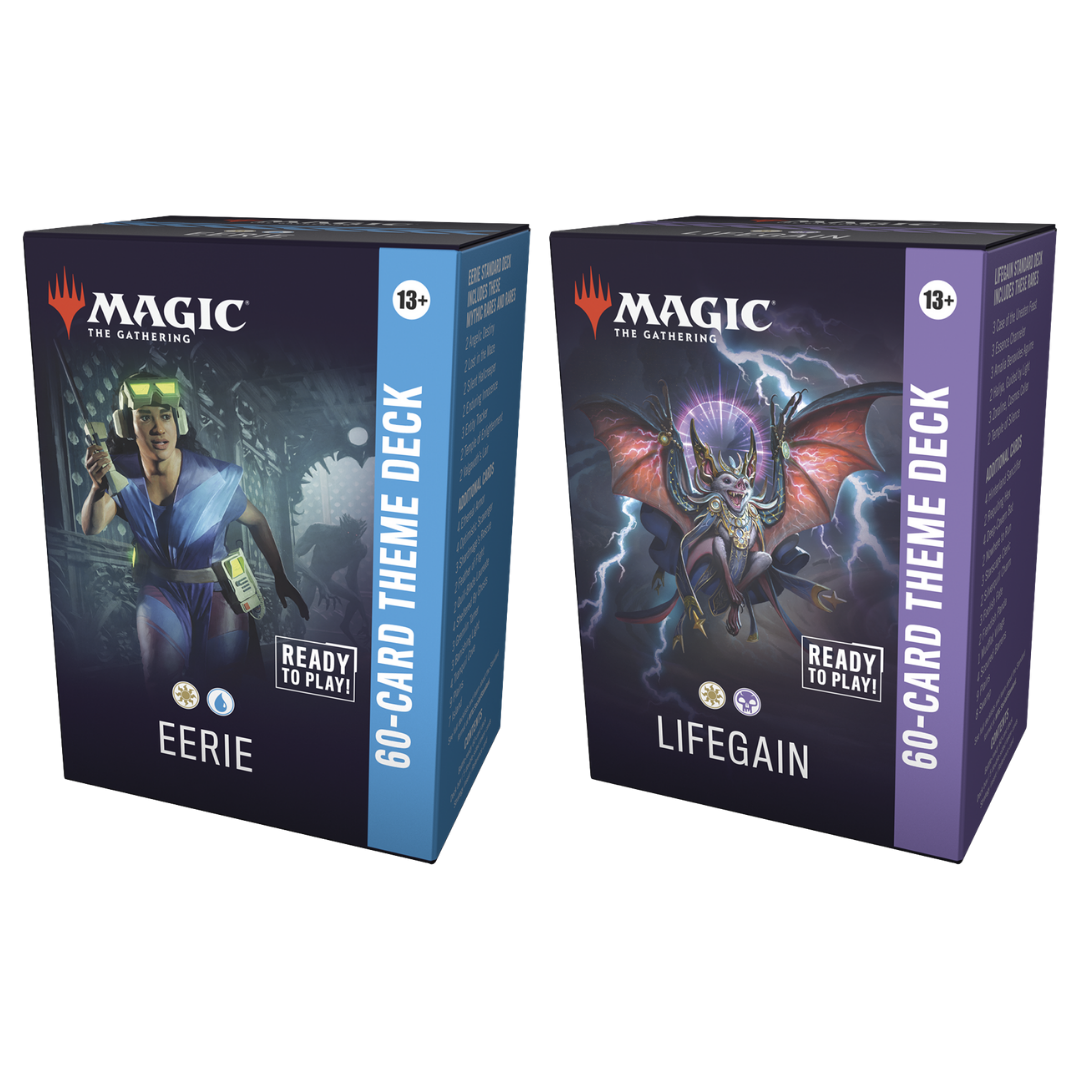 Magic the Gathering Secrets of Strixhaven Theme Deck Set of 2 showing Eerie and Lifegain deck boxes