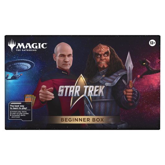 Magic: The Gathering Star Trek Beginner Box with instant-play decks, Jumpstart decks, guides, playmats, and life counters