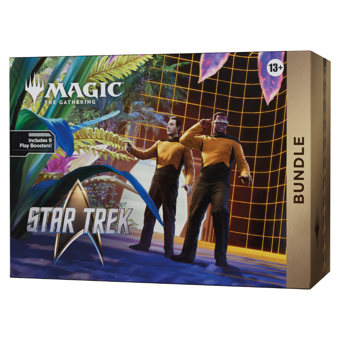 Magic: The Gathering Star Trek Bundle with 9 Play Boosters, promo card, foil lands, Spindown life counter, and storage box