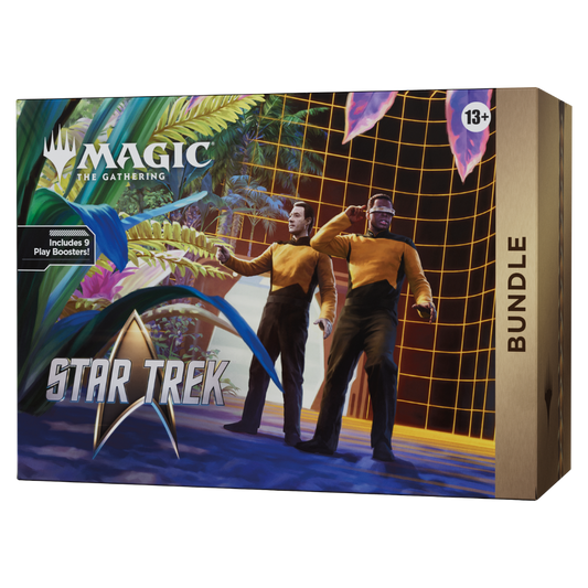 Magic: The Gathering Star Trek Bundle with 9 Play Boosters, promo card, foil lands, Spindown life counter, and storage box