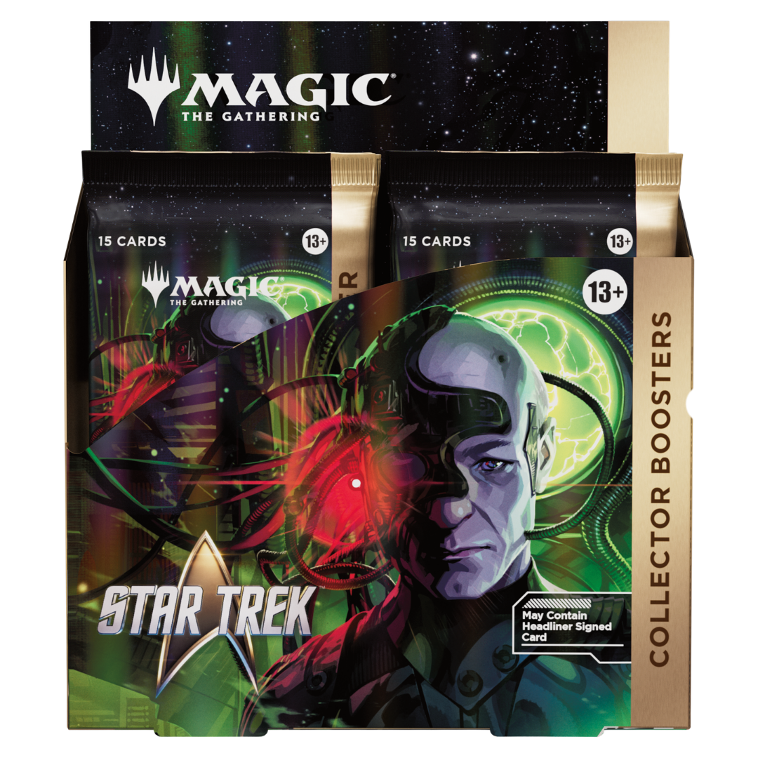 Magic: The Gathering Star Trek Collector Booster Box featuring 12 premium booster packs with exclusive foil cards and collectibles