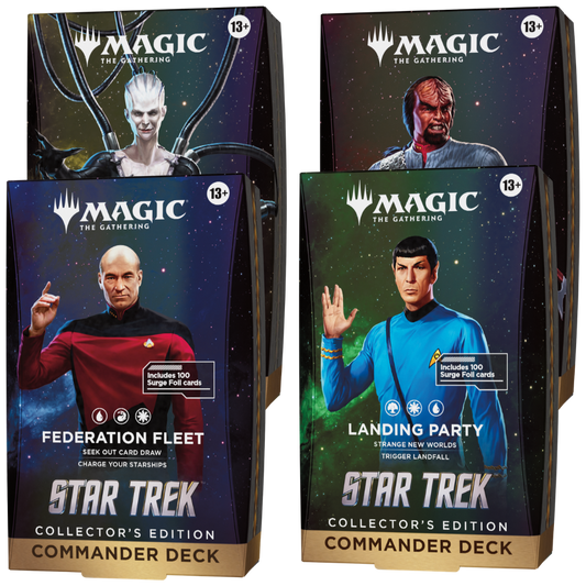 Set of 4 Magic Star Trek Collector’s Edition Commander decks featuring Picard, Spock, Worf, and the Borg Queen.