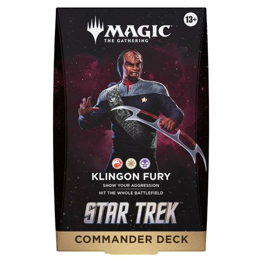 Magic: The Gathering Star Trek Klingon Fury Commander Deck featuring Worf and Klingon-themed artwork.