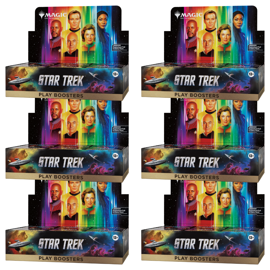 Six Magic: The Gathering Star Trek Play Boosters display boxes arranged in a 3-by-2 grid on a plain white background.