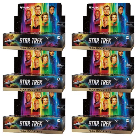 Six Magic: The Gathering Star Trek Play Boosters display boxes arranged in a 3-by-2 grid on a plain white background.