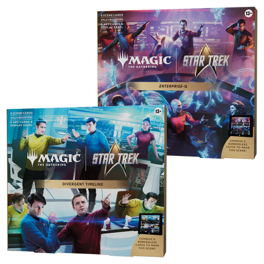 Magic: The Gathering Star Trek Scene Box with foil scene cards, Play Boosters, and display easel featuring Enterprise-Q or Divergent Timelines