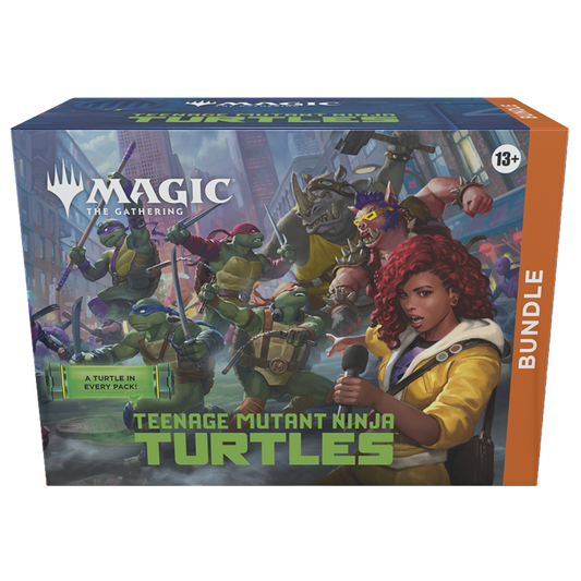 Box art of Magic: the Gathering Teenage Mutant Ninja Turtles Bundle with rooftop battle theme and characters.
