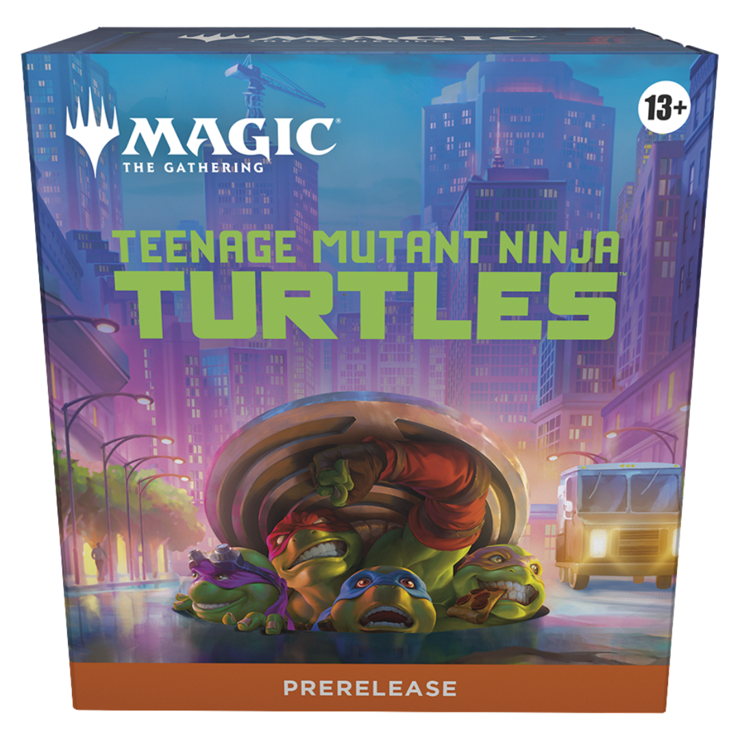 Magic The Gathering Teenage Mutant Ninja Turtles Prerelease Kit box featuring the four turtles emerging from a manhole in New York City