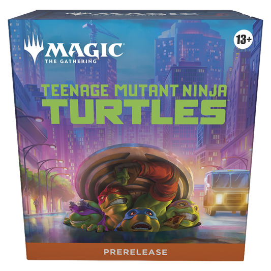 Magic The Gathering Teenage Mutant Ninja Turtles Prerelease Kit box featuring the four turtles emerging from a manhole in New York City