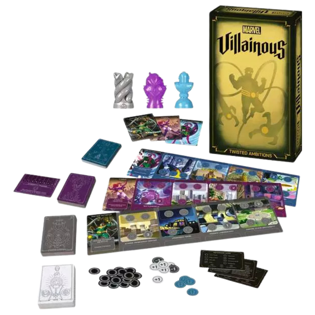Marvel Villainous Twisted Ambitions contents with movers, Domains, cards, tokens, guides, and instructions.