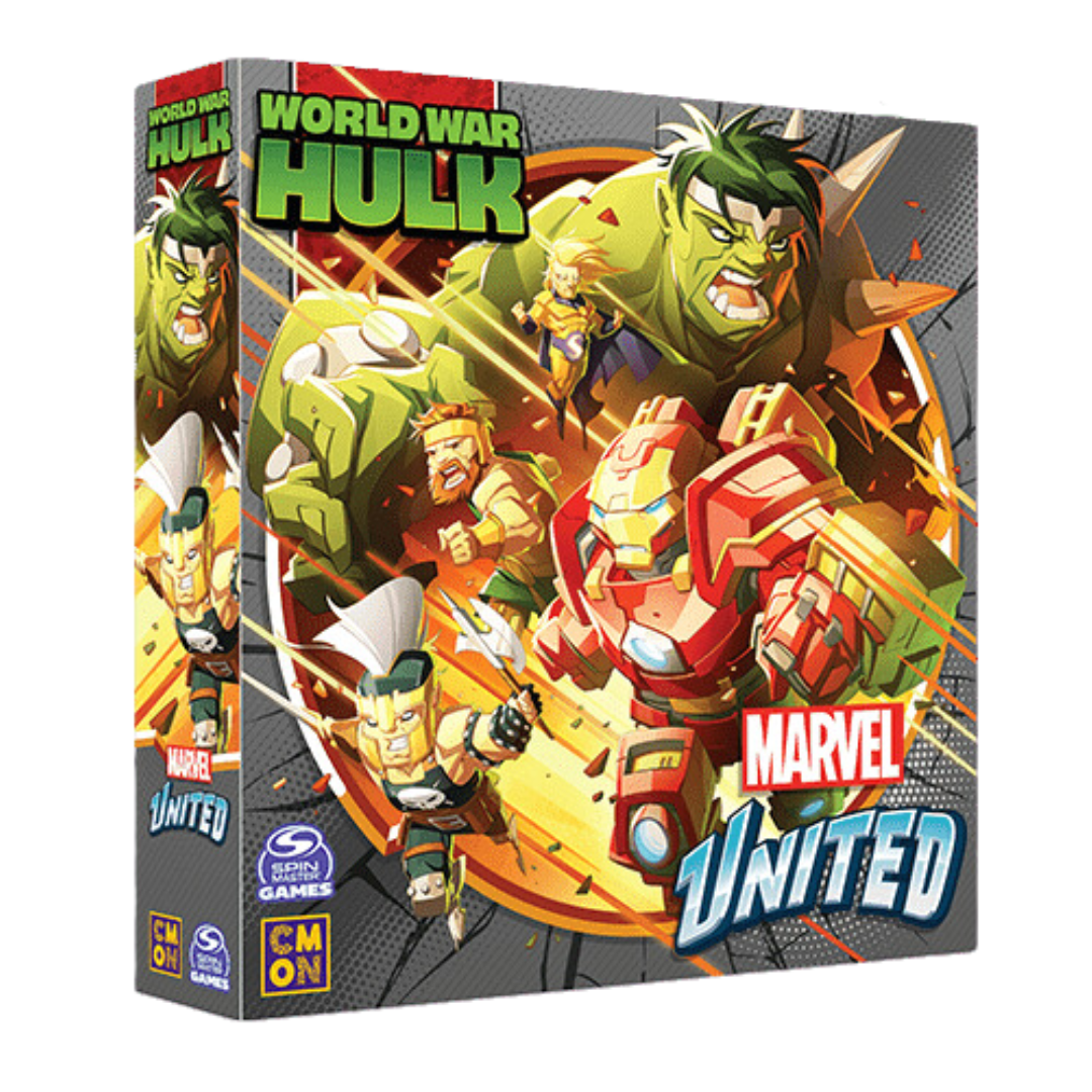 Marvel game expansion featuring Gladiator Hulk, Hulkbuster Iron Man, Hercules, Ares, and The Sentry in a battle for Earth’s survival.
