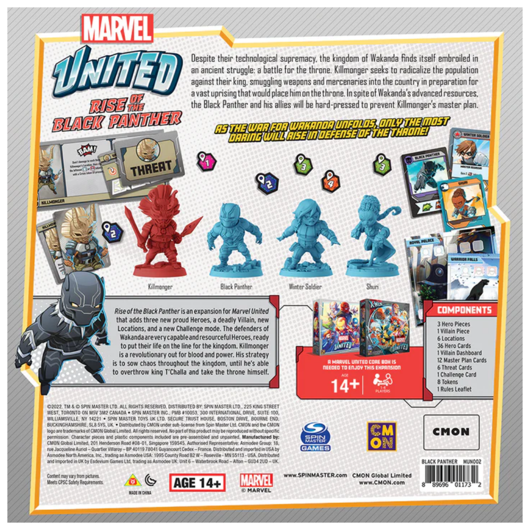 Marvel United Rise of the Black Panther expansion box displaying all included game pieces and features