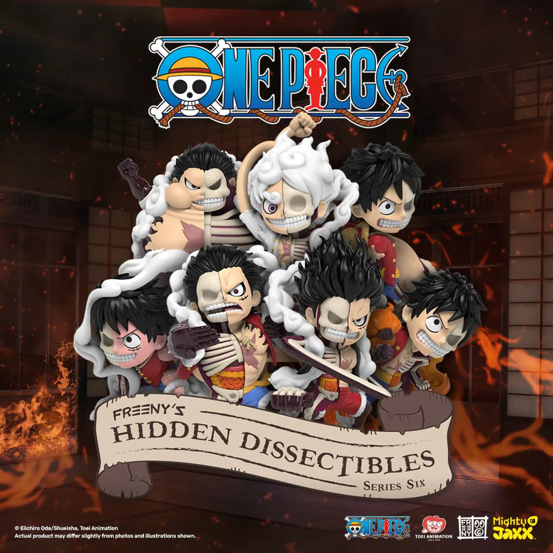 Mighty Jaxx Hidden Dissectibles One Piece Series 6 Luffy Gears Edition featuring collectible figures of Monkey D. Luffy’s iconic Gear transformations.