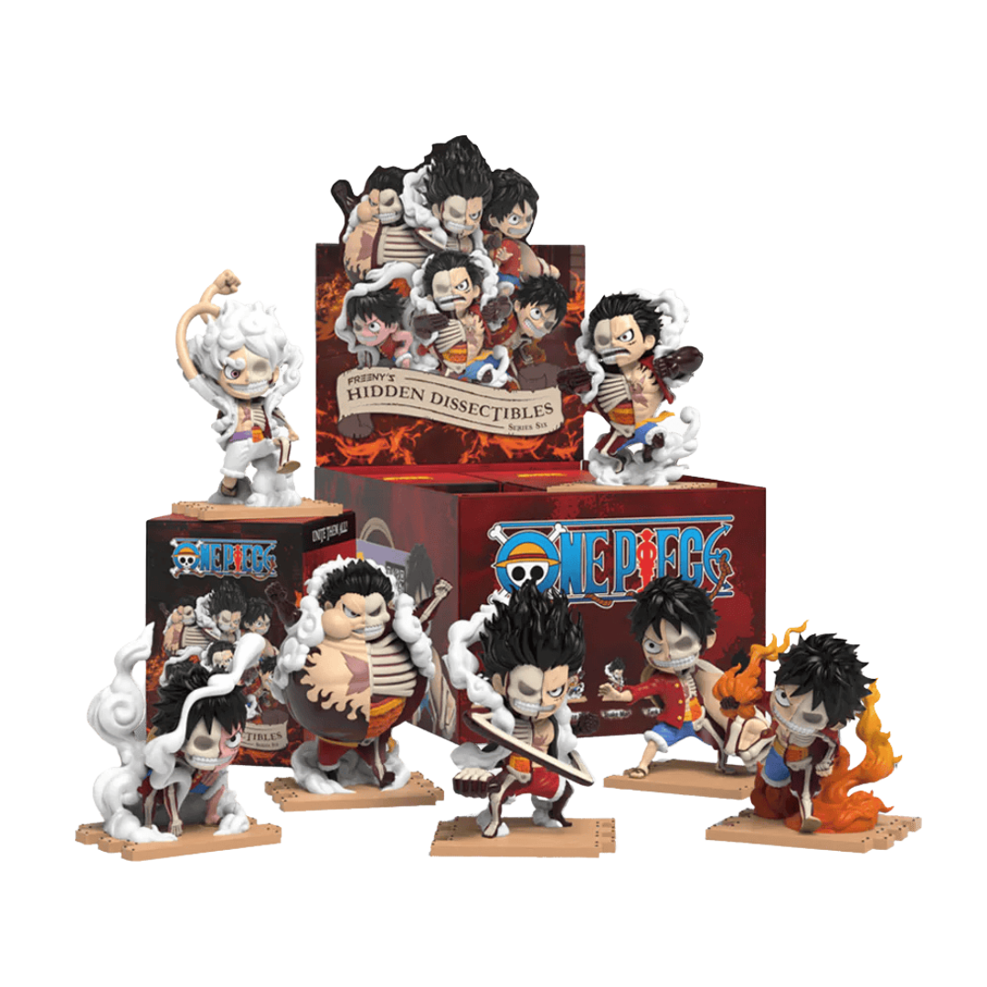 Mighty Jaxx Hidden Dissectibles One Piece Series 6 Luffy Gears Edition featuring collectible figures of Monkey D. Luffy’s iconic Gear transformations.