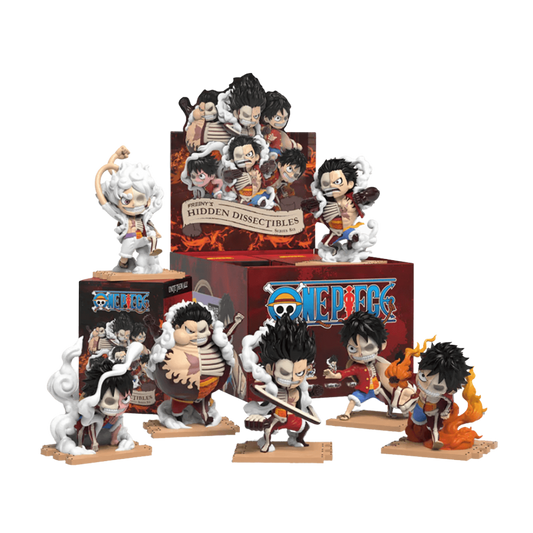 Mighty Jaxx Hidden Dissectibles One Piece Series 6 Luffy Gears Edition featuring collectible figures of Monkey D. Luffy’s iconic Gear transformations.