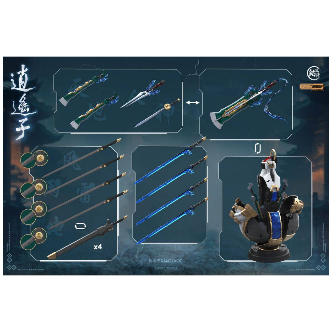 Ming Jiang Legend Sunday Hobby Xiao Yaozi model kit  accessories including swords, rapiers, a claymore, and a stand