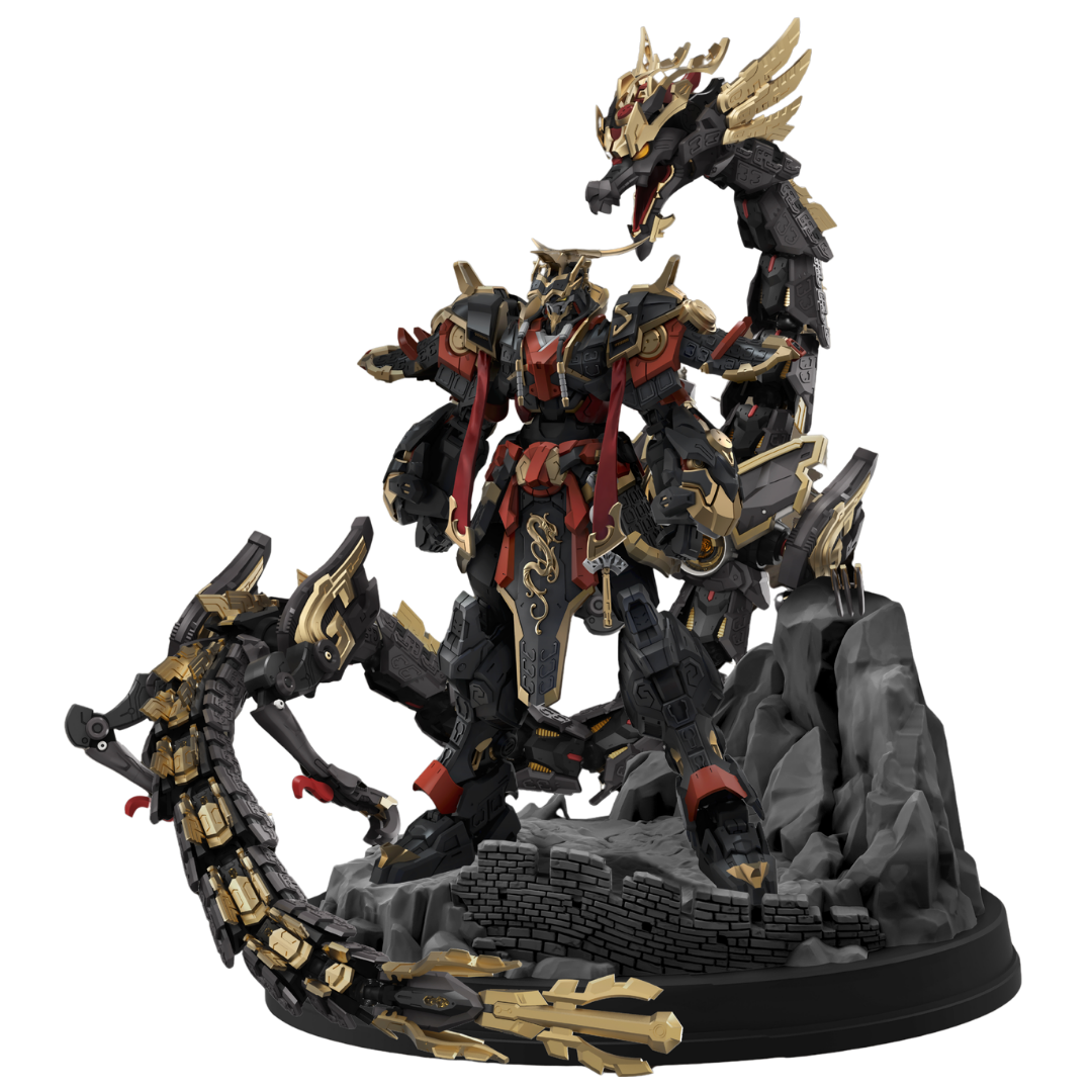 Ming Jiang Legend Ying Zheng mecha model kit posed on rocky base with dragon themed components