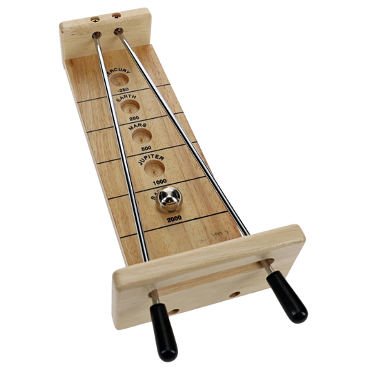 Mini Shoot The Moon travel edition wooden dexterity game with metal ball and scoring rails on solid oak board