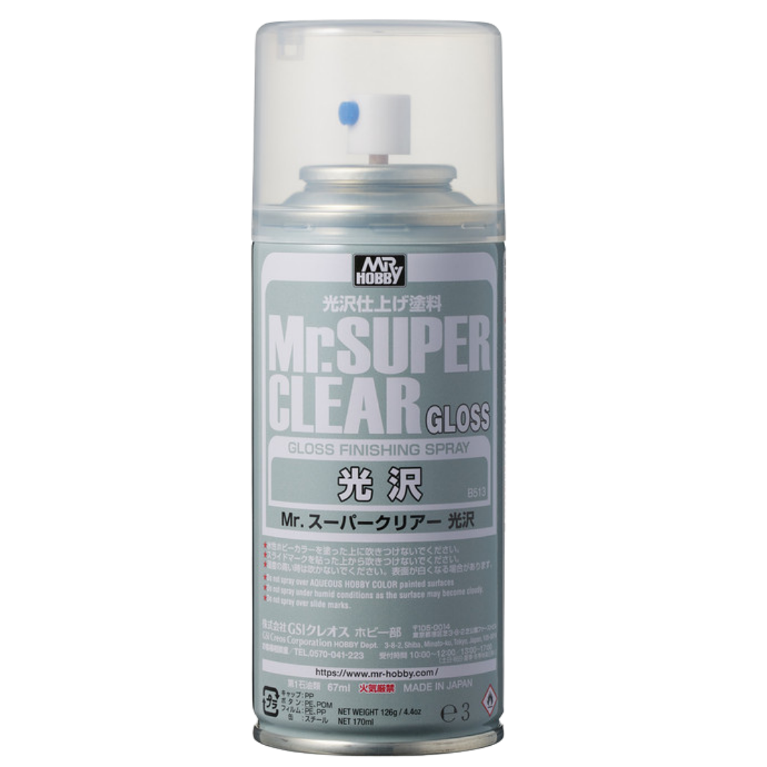 Mr. Hobby Mr. Super Clear Gloss B513 solvent-based clear gloss finishing spray for Gunpla and plastic model kits