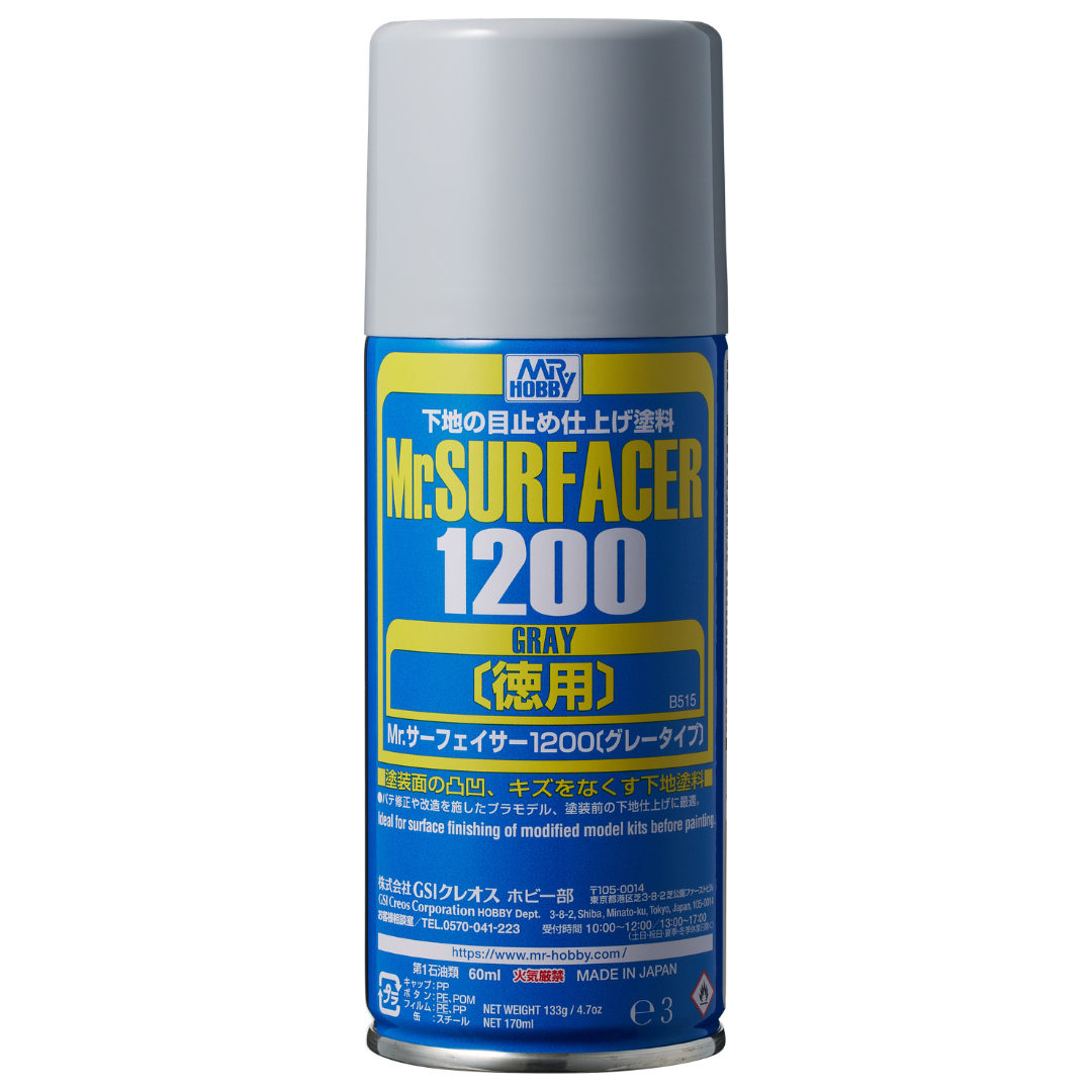 Mr. Hobby Mr. Surfacer 1200 Gray fine-grain surface primer for plastic models and miniatures.