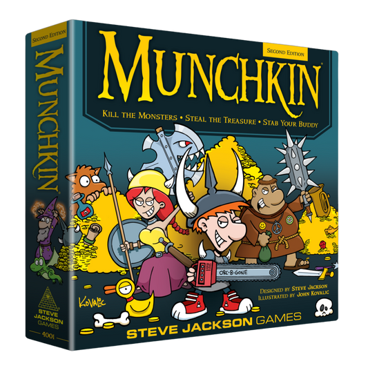 Munchkin Second Edition board game by Steve Jackson Games featuring John Kovalic illustrated fantasy characters and treasure
