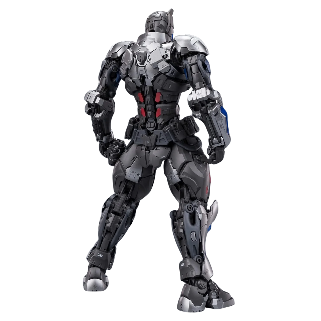 A detailed sci-fi mecha action figure or collectible robot model shown from the back, featuring a metallic silver and dark gray armored body with small red and blue accents, isolated on a white background.