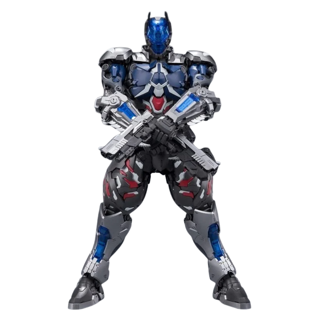A detailed action figure of a futuristic robot in a dynamic fighting stance, featuring a metallic silver and dark gray body with bright blue visor and accents, and red details on the chest and thighs, set against a plain white background.