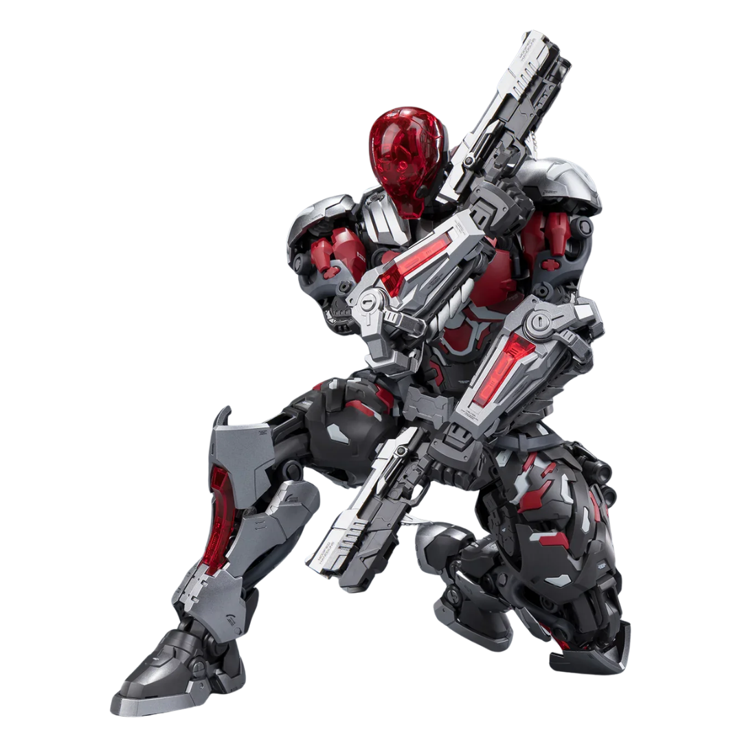 A collectible action figure of a futuristic armored soldier in a crouching pose, holding a large rifle. The figure features a glossy red helmet and red armor panels over a dark gray and black suit, set against a plain white background.
