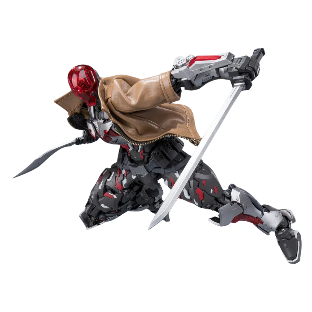 A collectible action figure of a sci-fi ninja warrior in a dynamic crouching pose, holding a silver sword. The figure features a tan jacket, black and red armored body, and a red helmet, isolated on a white background.