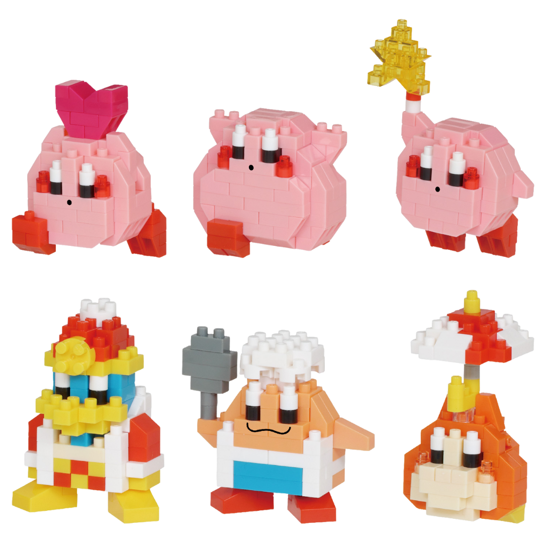 All 6 completed Nanoblock Kirby Vol. 2 figures including King Dedede, Chef Kawasaki, and umbrella Waddle Dee