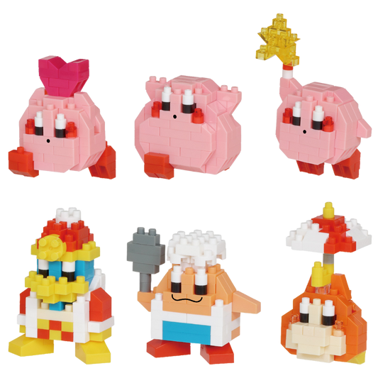All 6 completed Nanoblock Kirby Vol. 2 figures including King Dedede, Chef Kawasaki, and umbrella Waddle Dee