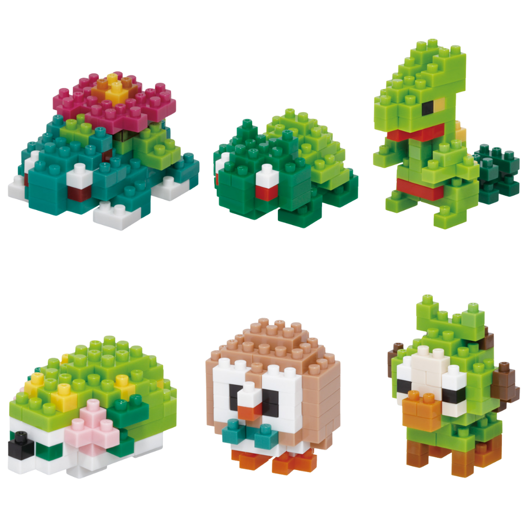 Nanoblock Mininano Pokémon Grass Type Set 1, six buildable micro-brick models: Bulbasaur, Venusaur, Sceptile, Shaymin, Rowlet, Grookey