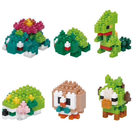Nanoblock Mininano Pokémon Grass Type Set 1, six buildable micro-brick models: Bulbasaur, Venusaur, Sceptile, Shaymin, Rowlet, Grookey