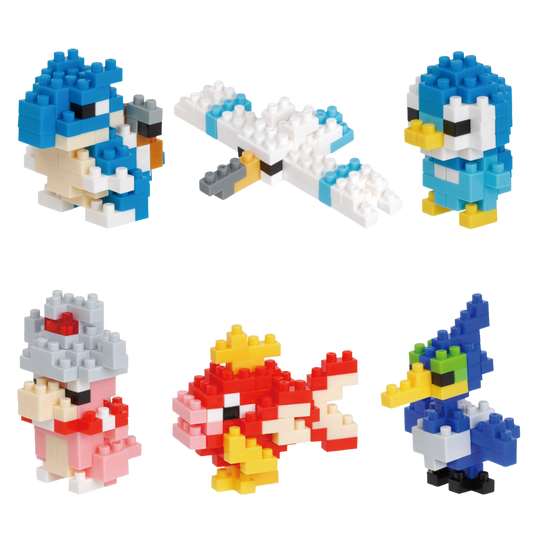 Nanoblock Mininano Pokémon Water Type Set 1, six buildable micro-brick models: Blastoise, Wingull, Piplup, Slowking, Magikarp, Cramorant