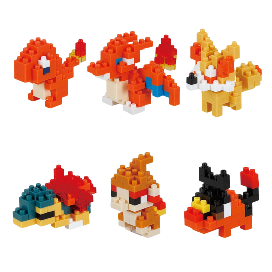 Nanoblock Pokémon Mininano Fire Type Set 1, includes six Fire-type builds like Charizard, Tepig, and Cyndaquil
