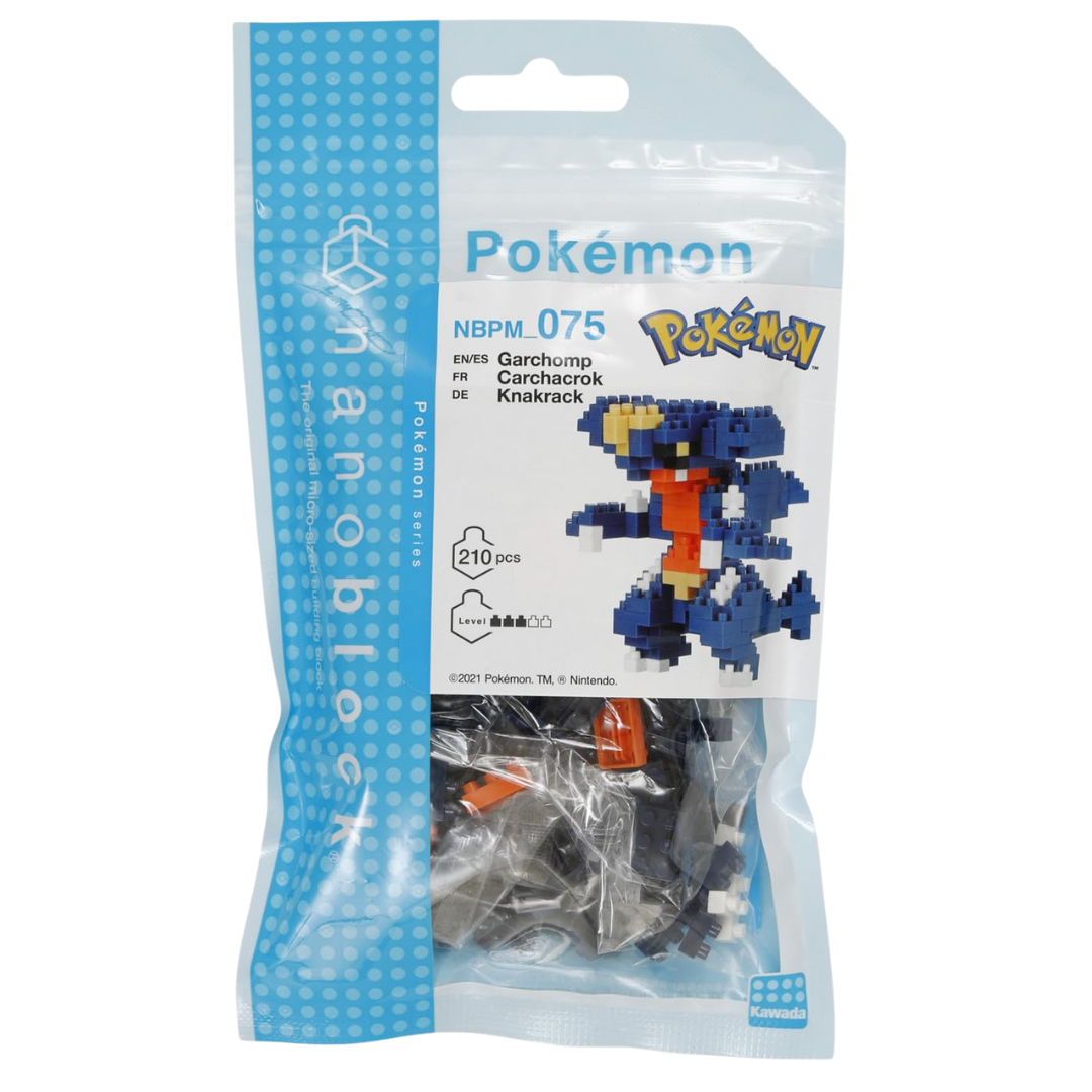 Nanoblock Pokémon Garchomp kit front packaging with character render