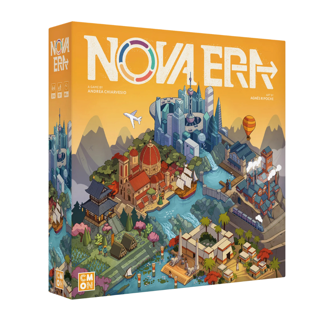  Nova Era board game featuring strategic civilization-building, famous historical figures, and the challenge of avoiding a Dark Age.