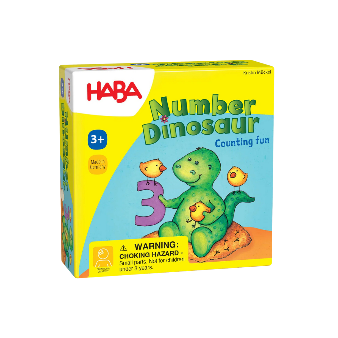 Number Dinosaur board game with a wooden baby dinosaur figure, colorful memory cards, and engaging gameplay for cooperative or competitive fun.