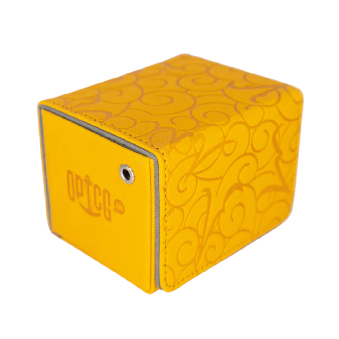 Goro Goro (Rumble) yellow deck box for One Piece Trading Card Game featuring Enel-inspired design, durable storage, and protection for OPTCG decks.