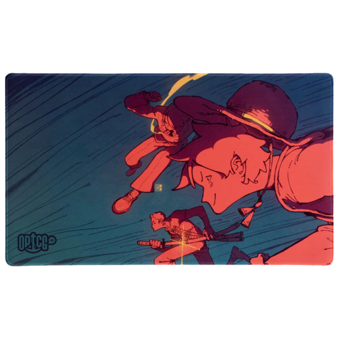 Monster Trio playmat featuring Luffy, Zoro, and Sanji anime artwork