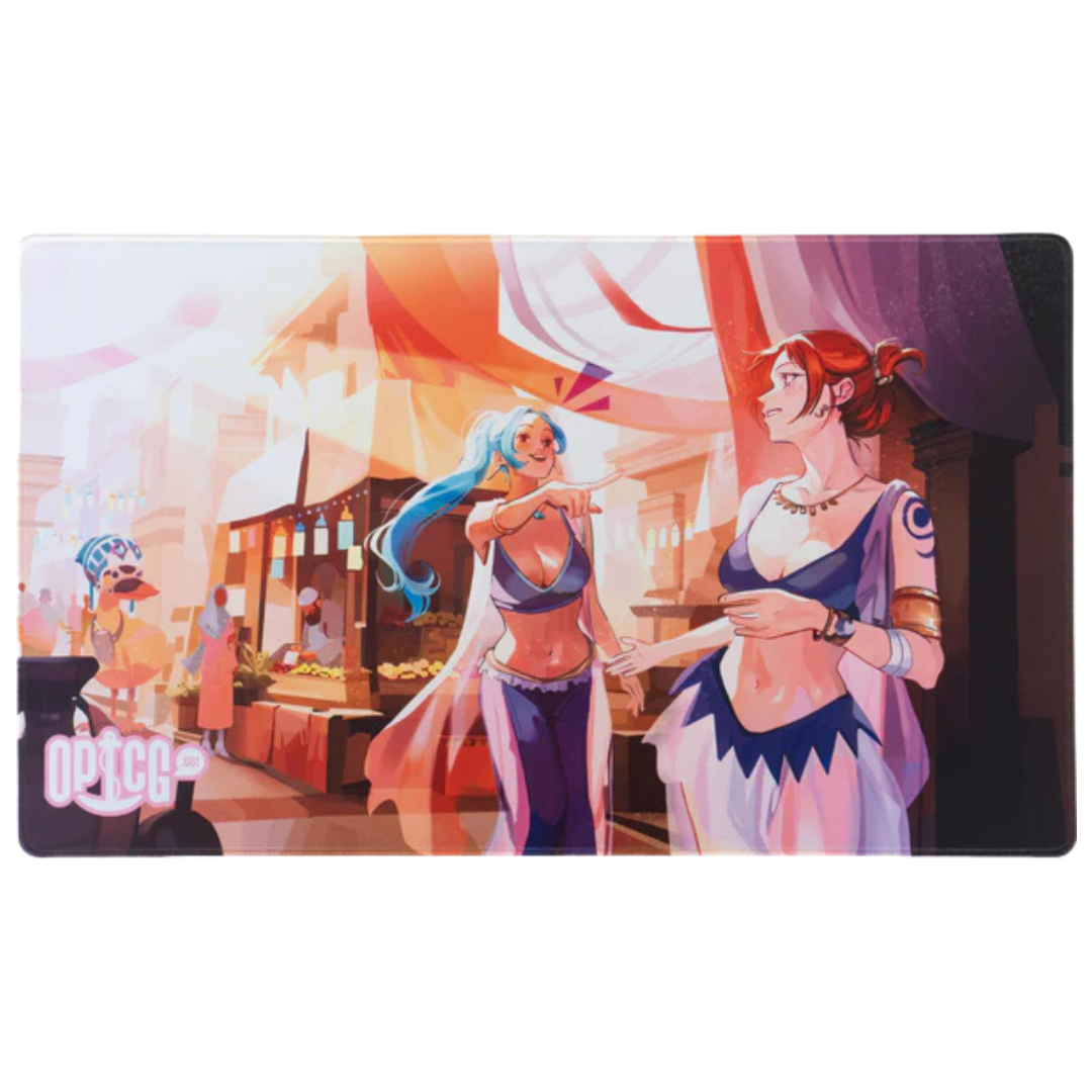 One Piece TCG Silk and Spice Playmat featuring elegant character artwork, soft cloth surface, and anti-slip rubber backing for premium trading card gameplay.