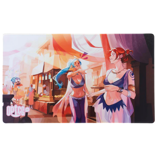One Piece TCG Silk and Spice Playmat featuring elegant character artwork, soft cloth surface, and anti-slip rubber backing for premium trading card gameplay.