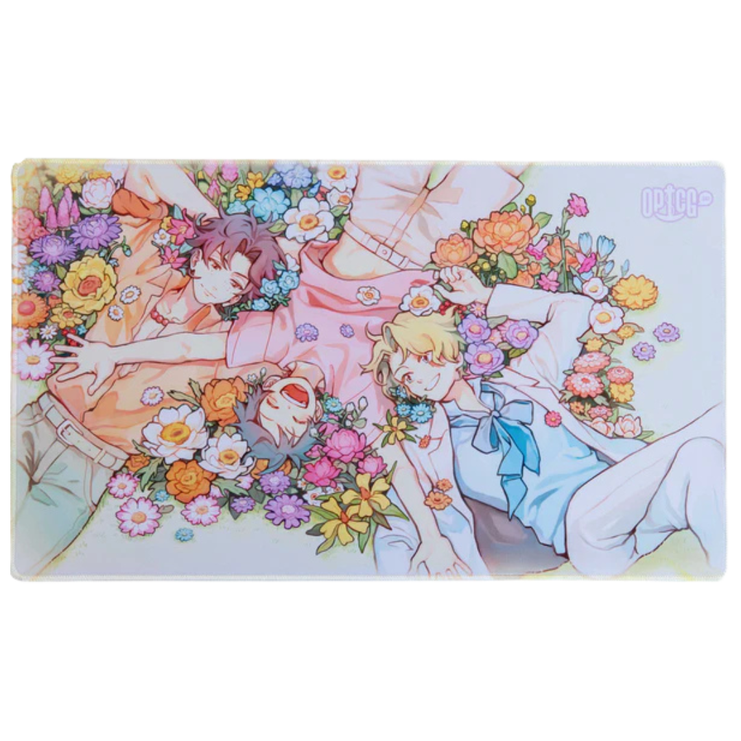 Three Brothers Bond playmat featuring anime characters surrounded by colourful flowers